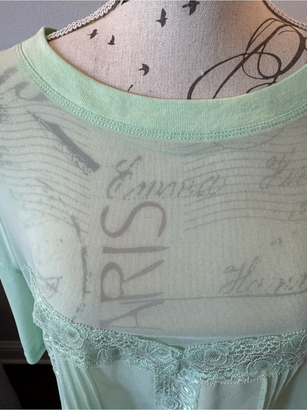 New Without Tags Anthropology Sheer Lace-Trim Mint Green Women’s Top - Picture 8 of 9
